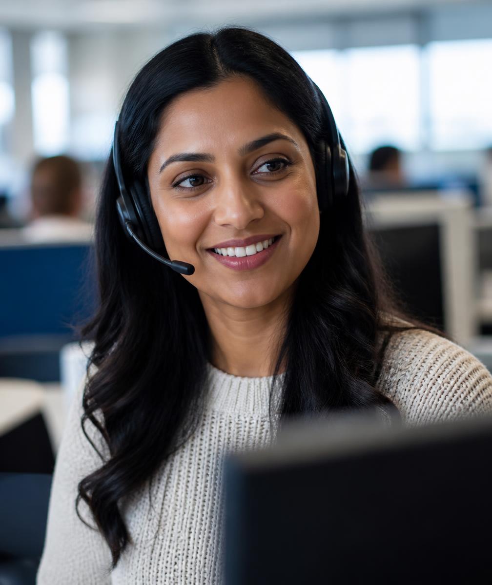 Contact center support lead wearing a headset, smiling while assisting a customer